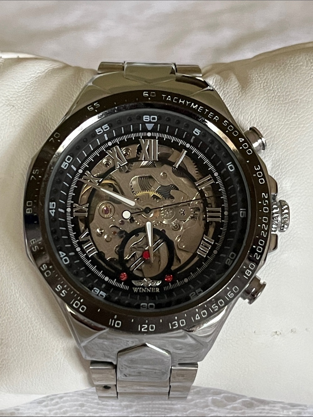 Winner Skeleton Dial Stainless Steel Chronograph Watch - Silver & Black
